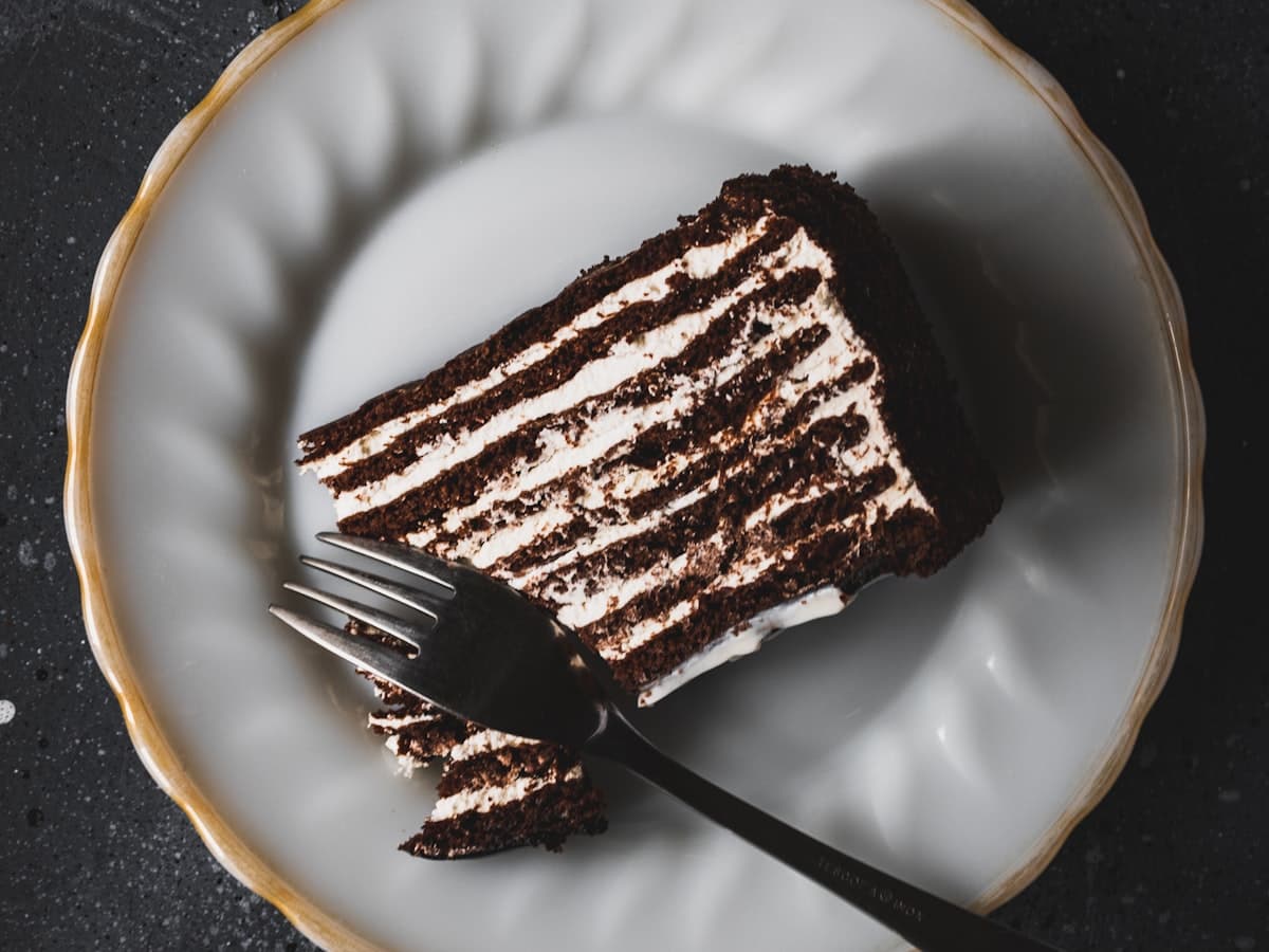 A slice of layered chocolate cake on a plate