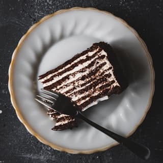 A slice of layered chocolate cake